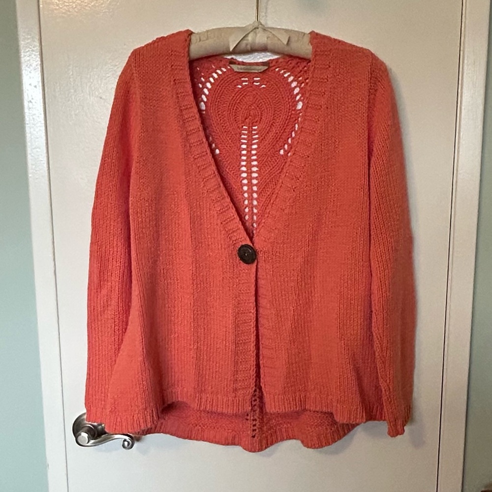 SOFT SURROUNDINGS Salmon/Coral Knit Cardigan Sweater with open weave pattern.